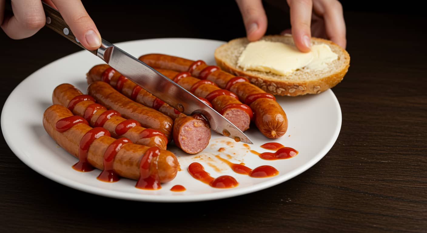 Grilled sausages with mustard and bread – Juicy, grilled sausages sliced and served with mustard, bread, and dipping sauces.