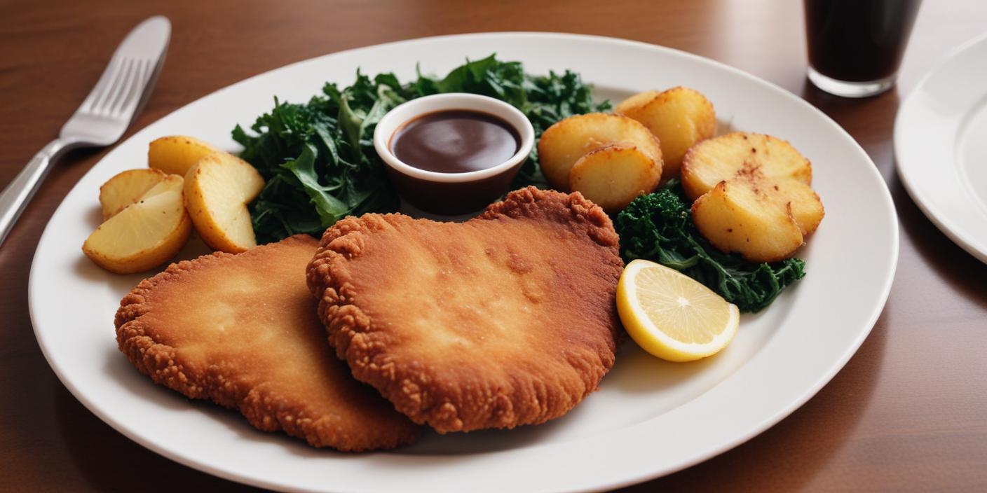 Breaded schnitzel with potatoes and greens – A golden-brown, crispy schnitzel served with boiled potatoes, greens, and a side of sauce.