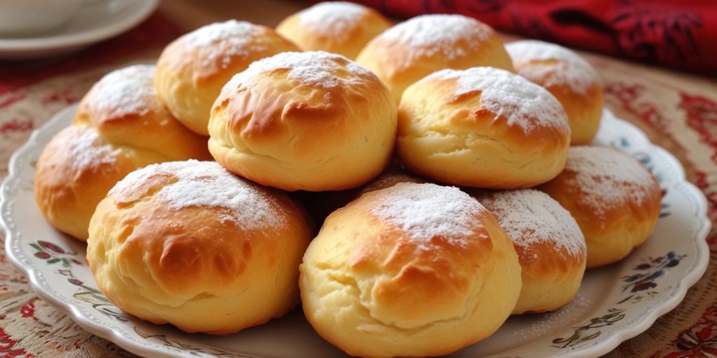 Soft, golden-brown baked buns dusted with powdered sugar. BookOfFoods