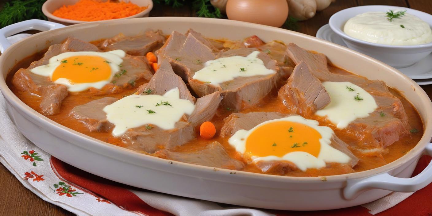 Meat stew with sliced boiled eggs, potatoes, and vegetables in a sauce. BookOfFoods