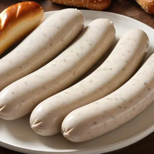 Traditional Bavarian Weißwurst served in a ceramic bowl with poaching water, alongside pretzels, sweet mustard