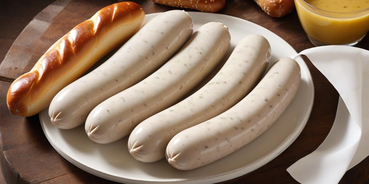 Traditional Bavarian Weißwurst served in a ceramic bowl with poaching water, alongside pretzels, sweet mustard