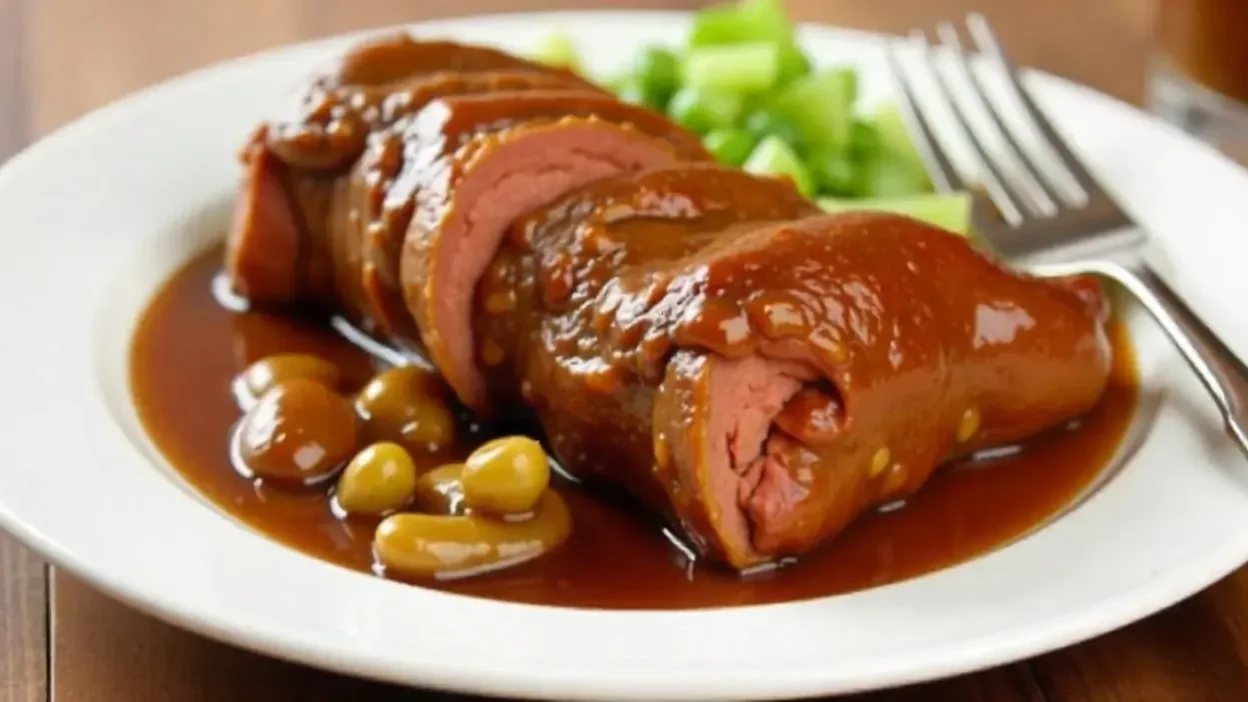 Stuffed Pork Roll in Sauce – A rich and hearty dish featuring pork roll stuffed with flavorful ingredients, served with beans and sauce.