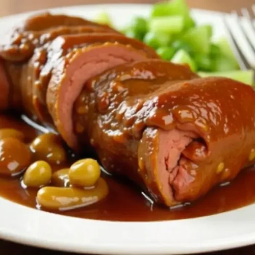 Stuffed Pork Roll in Sauce – A rich and hearty dish featuring pork roll stuffed with flavorful ingredients, served with beans and sauce.