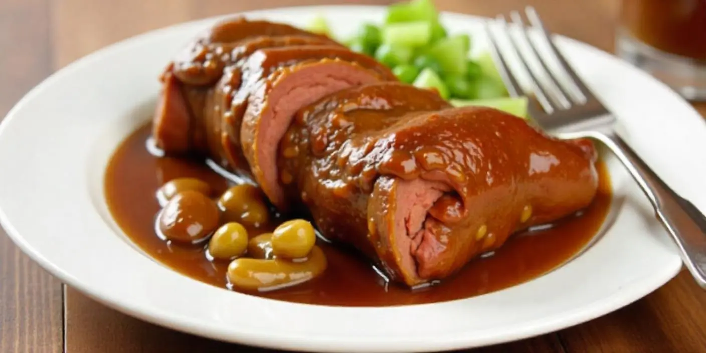 Stuffed Pork Roll in Sauce – A rich and hearty dish featuring pork roll stuffed with flavorful ingredients, served with beans and sauce.