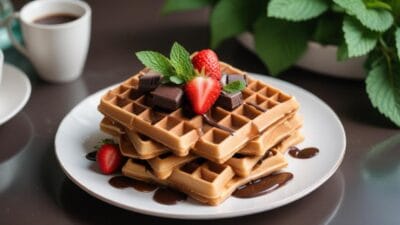 Golden waffles with chocolate sauce, fresh strawberries, and mint leaves on a white plate.