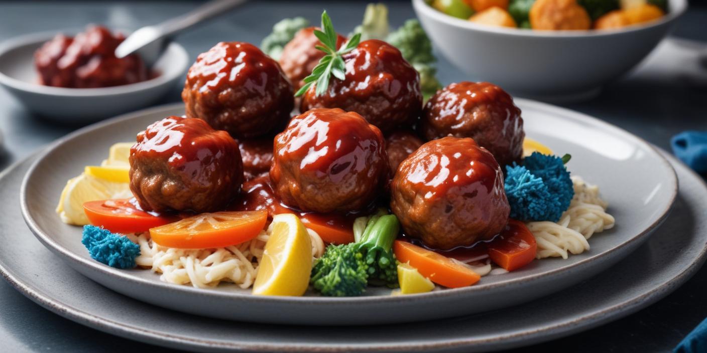 Glazed meatballs served on a bed of spaghetti with vegetables on a dark plate.