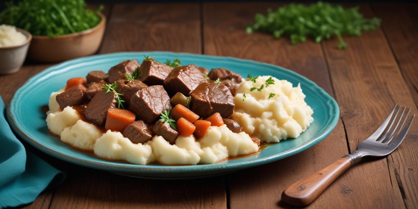 Hearty beef stew served with mashed potatoes and garnished with fresh herbs.