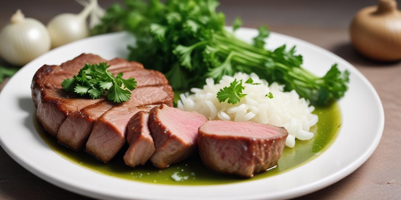 Seared tuna steak served with rice and fresh parsley on a white plate.