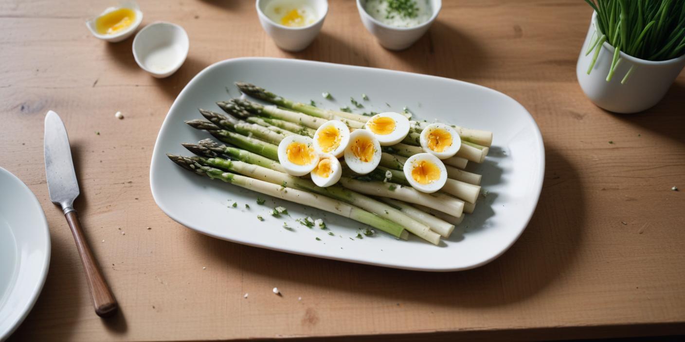 White asparagus with sliced boiled eggs and fresh herbs on a white plate.