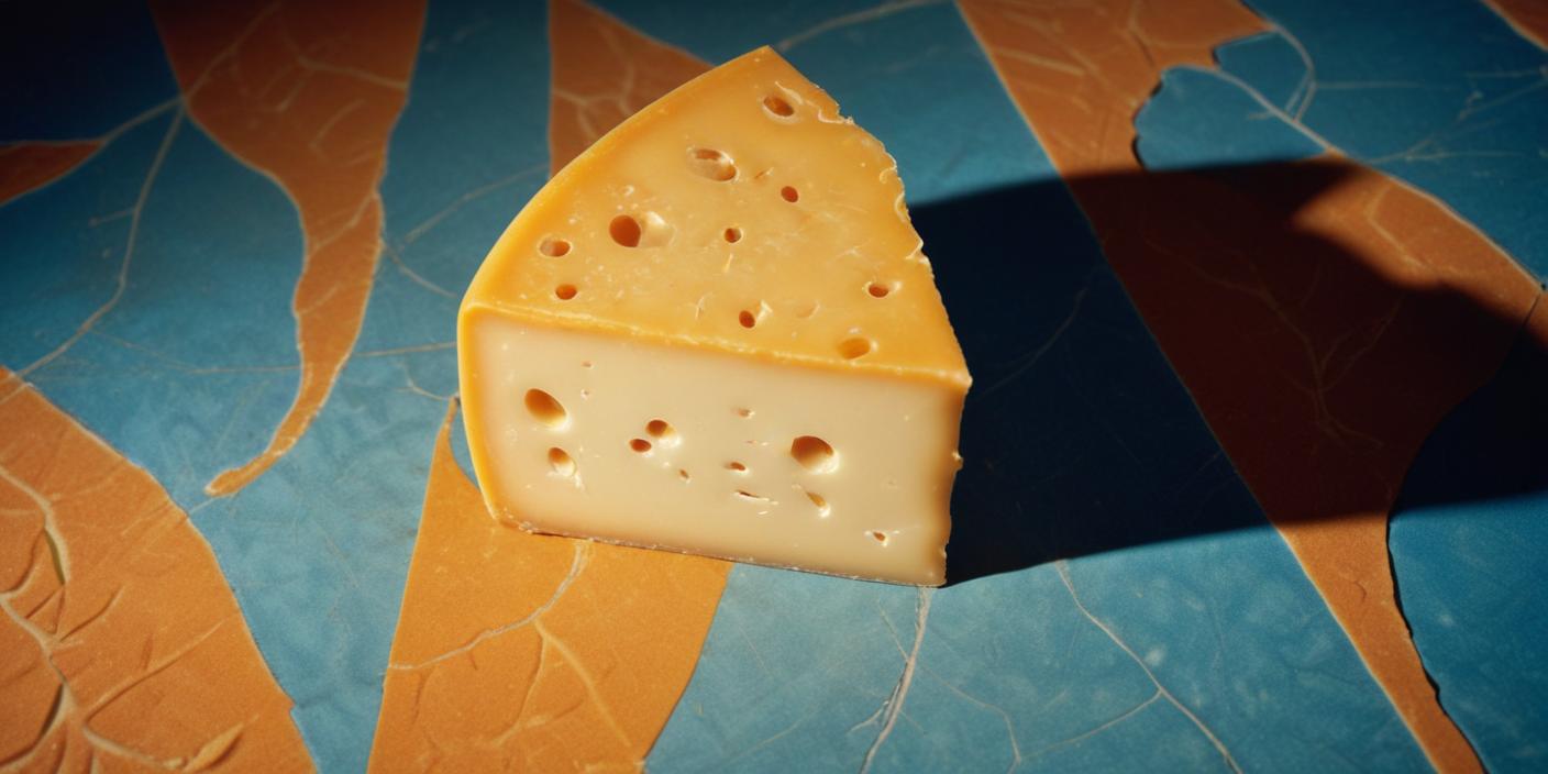 A wedge of Swiss cheese with characteristic holes, placed on a colorful surface.