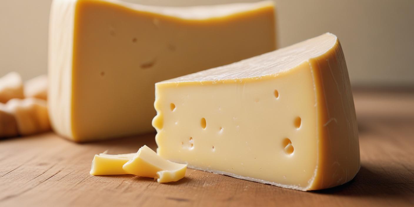 A block of classic Swiss cheese with holes, placed on a wooden surface.