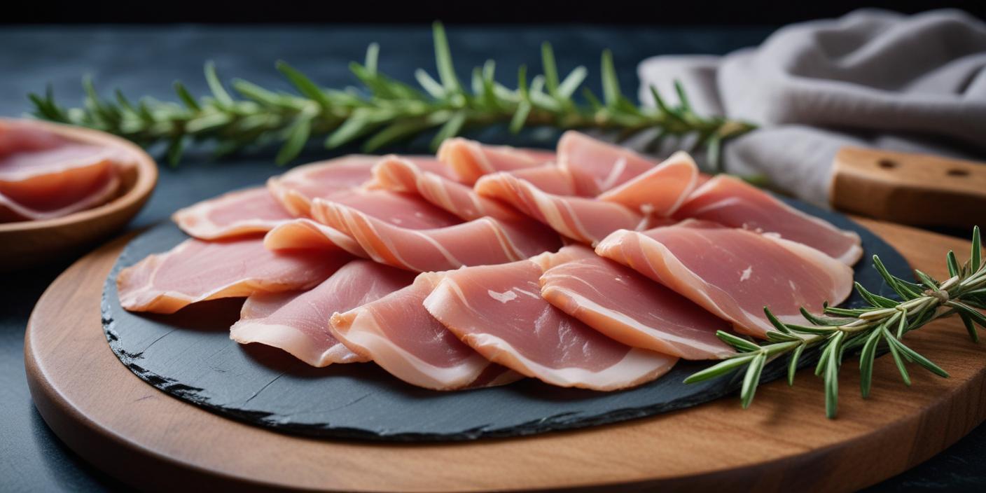 Thinly sliced cured ham arranged on a slate platter with rosemary garnish.