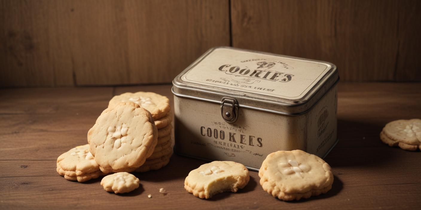 Rustic cookies arranged around a vintage-style metal cookie tin.