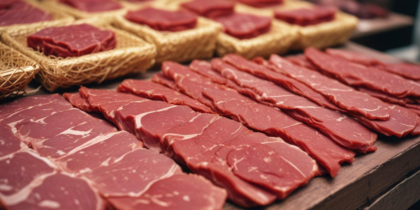 Raw steak slices neatly arranged on a wooden board, ready for preparation.