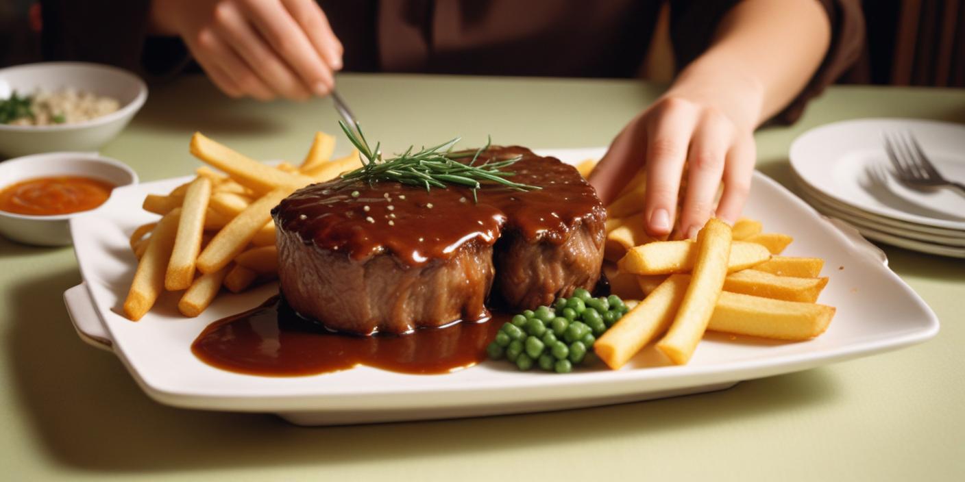 Juicy steak covered in rich sauce, served with French fries and garnished with rosemary.