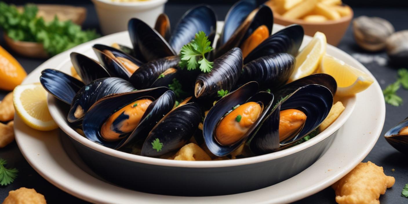 A bowl of freshly steamed mussels garnished with parsley.