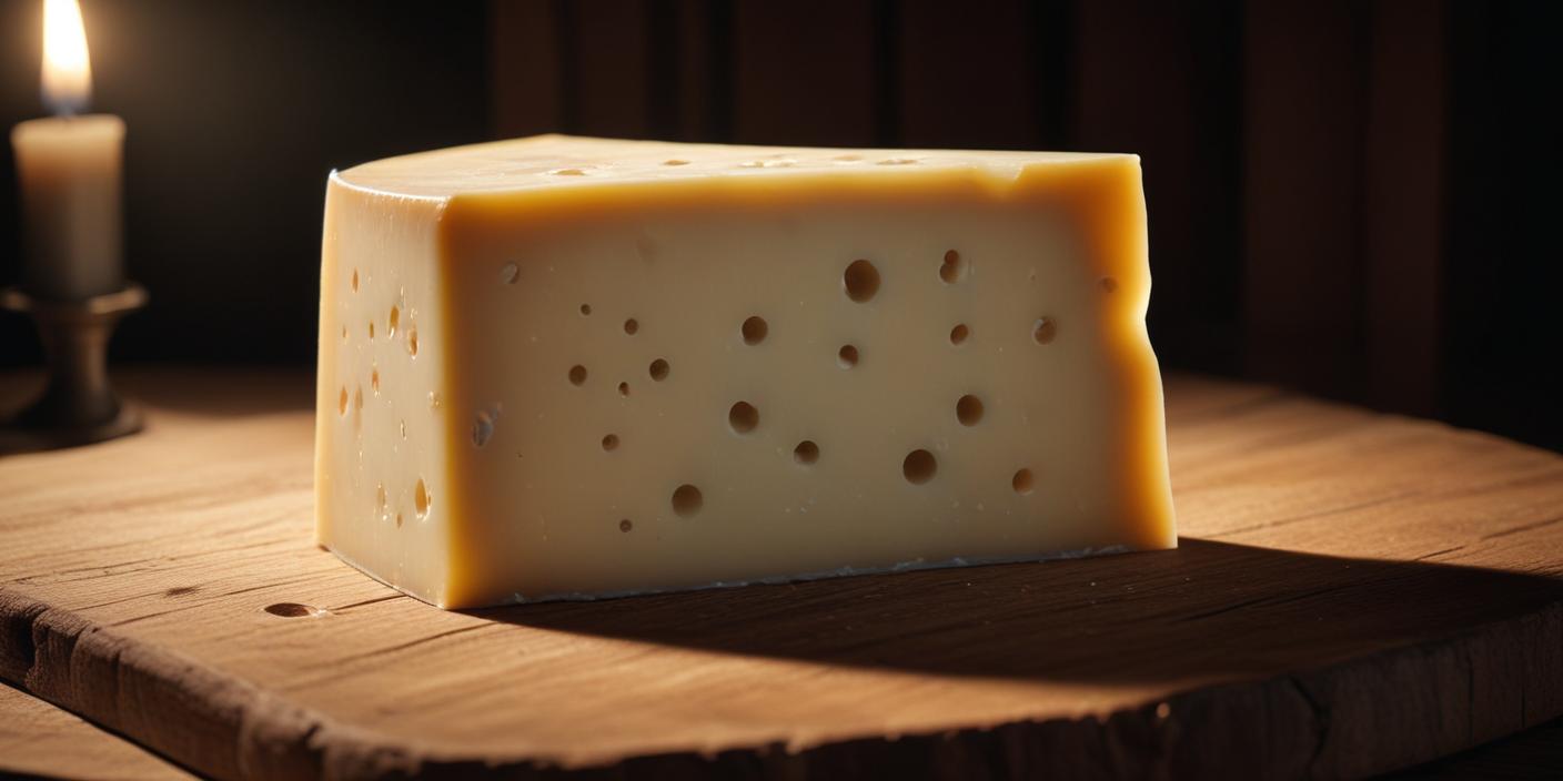 A large wedge of yellow cheese with holes, placed on a wooden board.