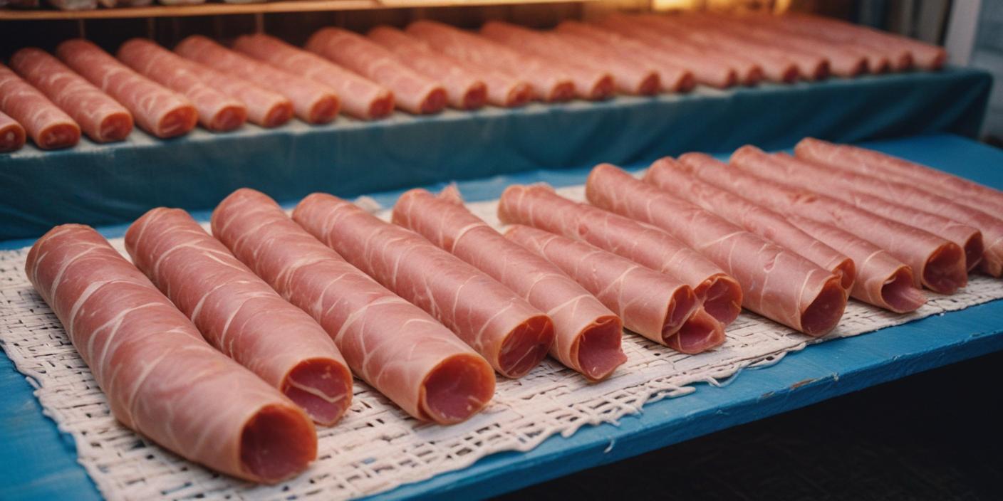 Thinly sliced ham rolls neatly arranged on a serving tray.