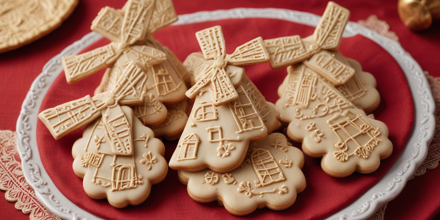 Traditional Dutch windmill-shaped cookies on a red plate.