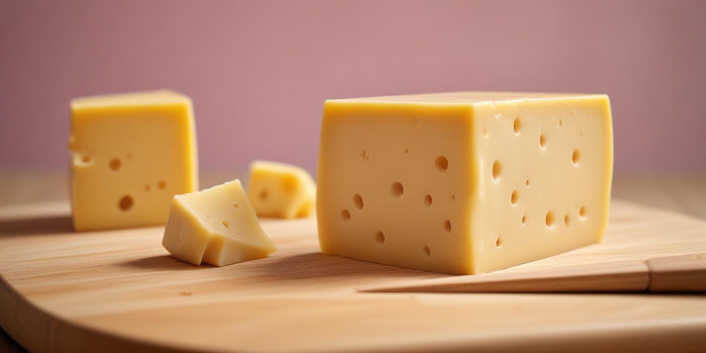 A wedge of semi-hard cheese with characteristic holes, placed on a wooden board with cheese cubes.