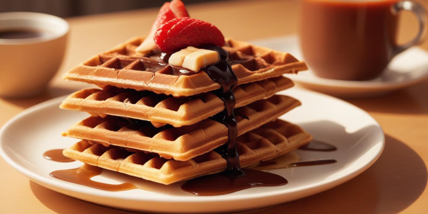 A stack of waffles drizzled with chocolate and topped with strawberries and bananas.