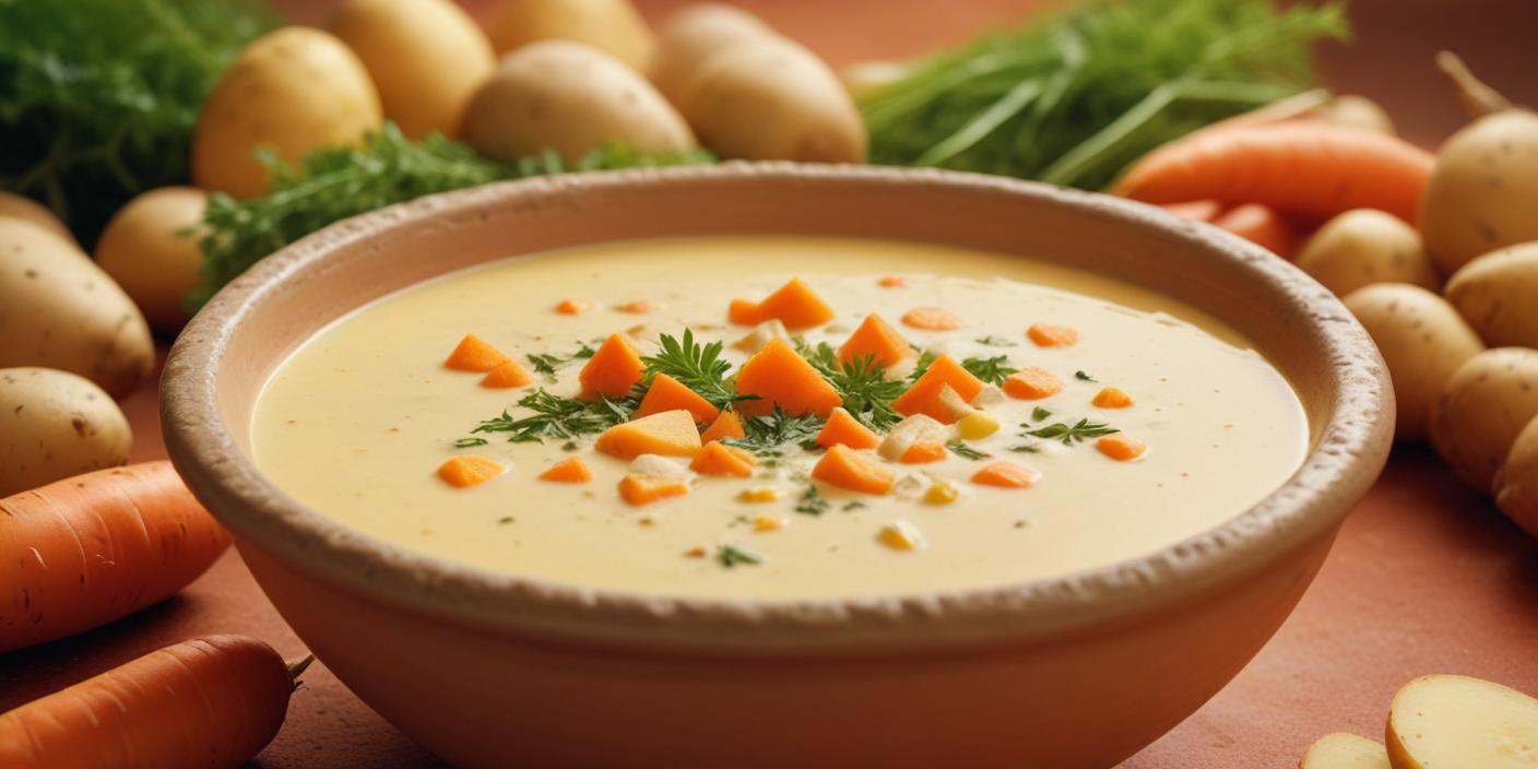 A bowl of creamy cheese soup topped with diced carrots and fresh herbs.