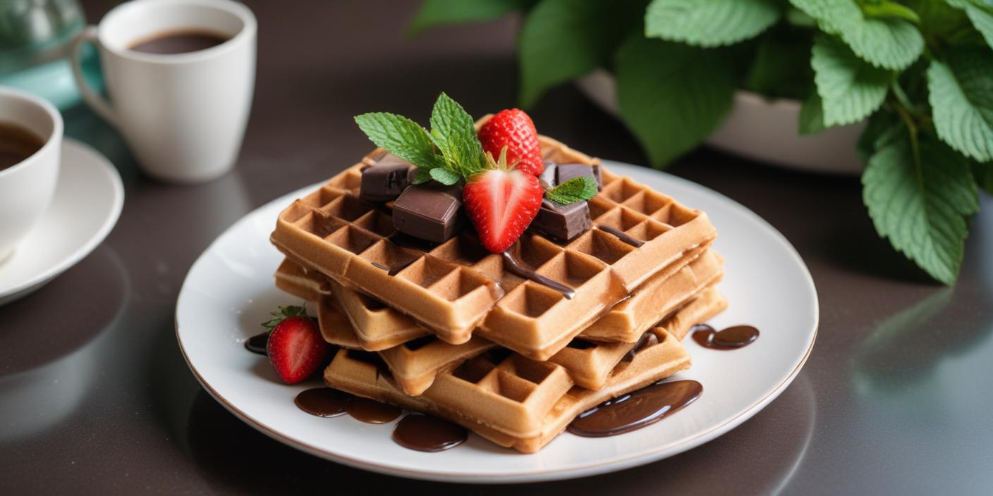 Golden waffles with chocolate sauce, fresh strawberries, and mint leaves on a white plate.