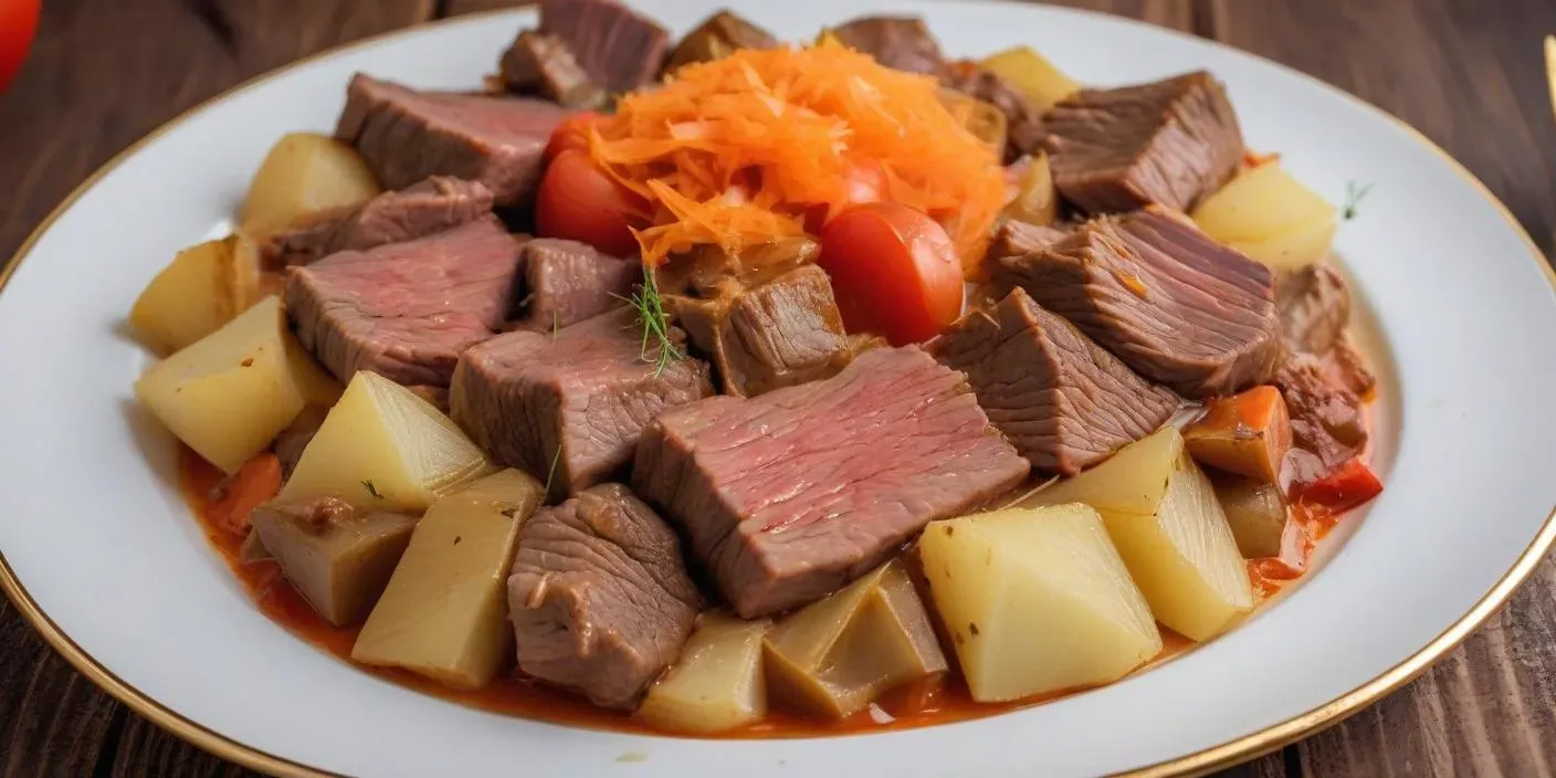 Slow-cooked beef with potatoes, garnished with shredded carrots and cherry tomatoes. BookOfFoods