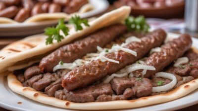 Grilled minced meat sausages served with flatbread and onions. BookOfFoods