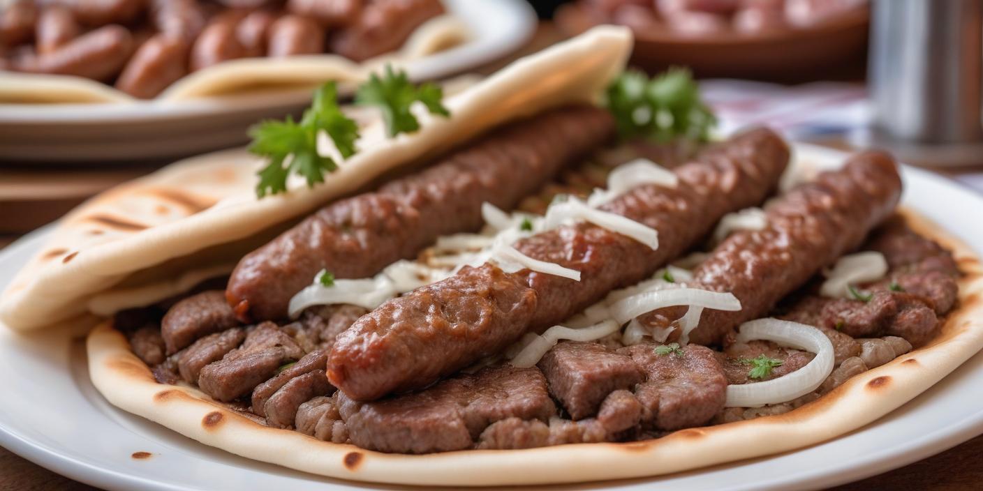 Grilled minced meat sausages served with flatbread and onions. BookOfFoods