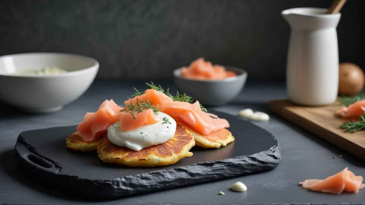 Pancakes topped with smoked salmon, sour cream, and fresh dill on a black slate platter.
