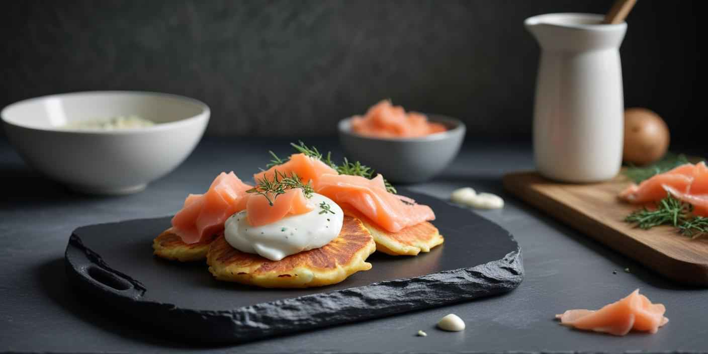 Pancakes topped with smoked salmon, sour cream, and fresh dill on a black slate platter.