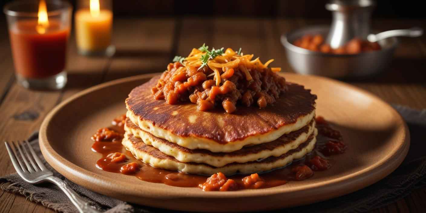 A stack of pancakes topped with chili con carne, shredded cheese, and fresh herbs.