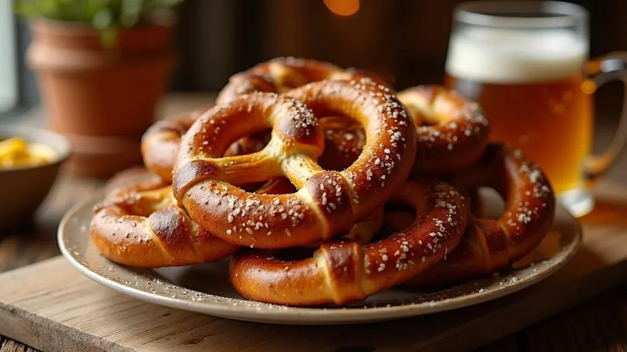 Traditional soft pretzel (Bretzel) with a golden crust and sprinkled with coarse salt.