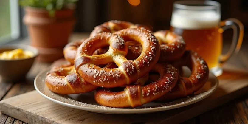 Traditional soft pretzel (Bretzel) with a golden crust and sprinkled with coarse salt.
