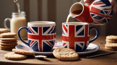 A cup of tea with milk being poured, served in a mug with a Union Jack design.