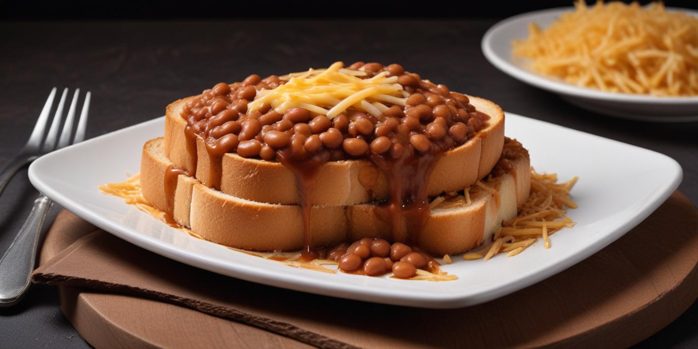 Toast covered in baked beans and topped with shredded cheese on a white plate.