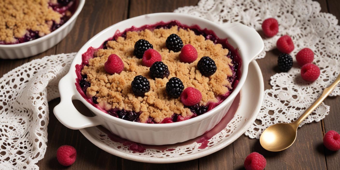 Baked berry crumble in a round dish, topped with raspberries and blackberries.