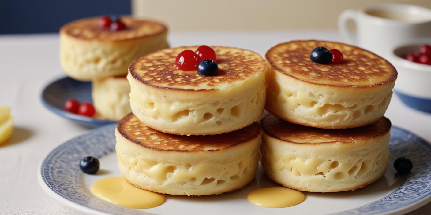 Stacked crumpets with melted butter and honey, served on a white plate.