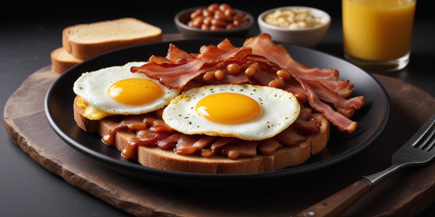 Full English breakfast with fried eggs, crispy bacon, baked beans, and toast.