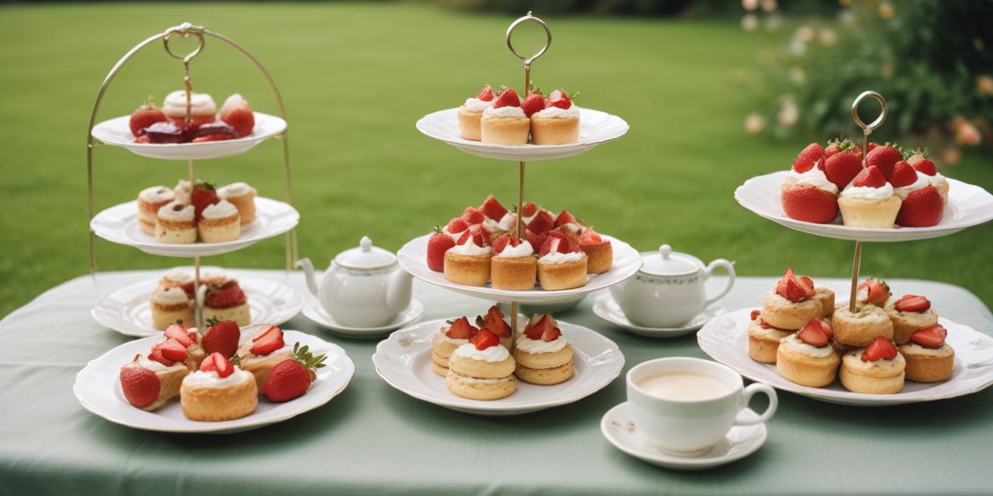 Elegant afternoon tea setup with a three-tier stand of pastries and tea cups.