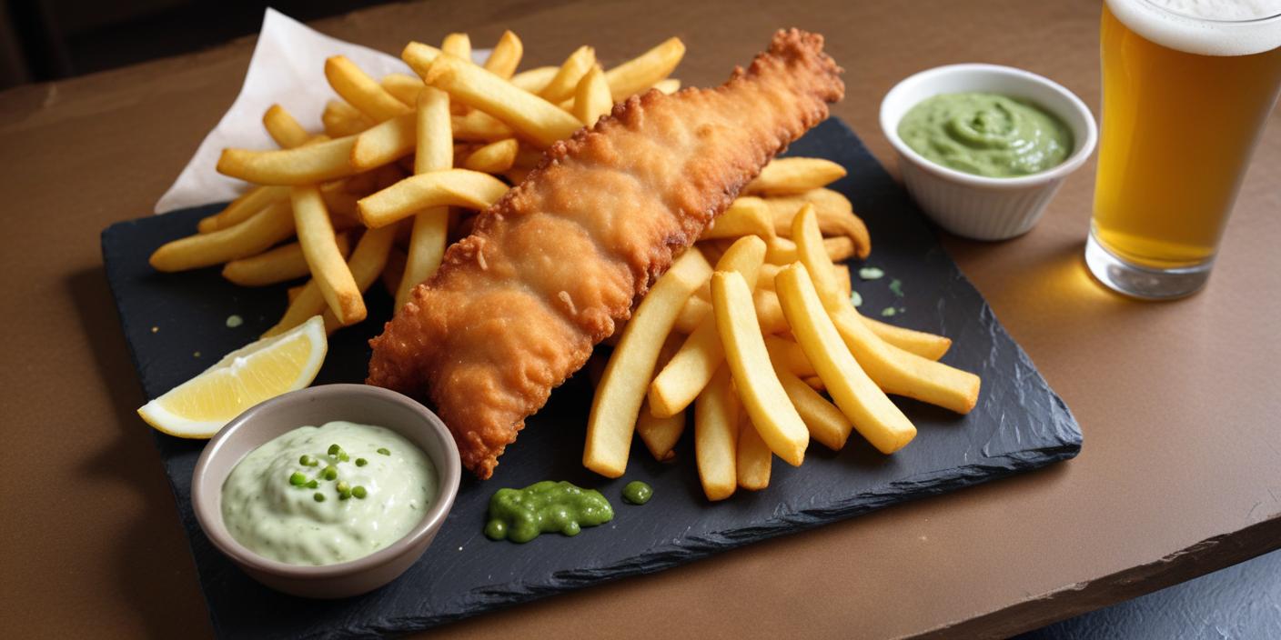 Crispy battered fish served with golden fries and a side of tartar sauce.