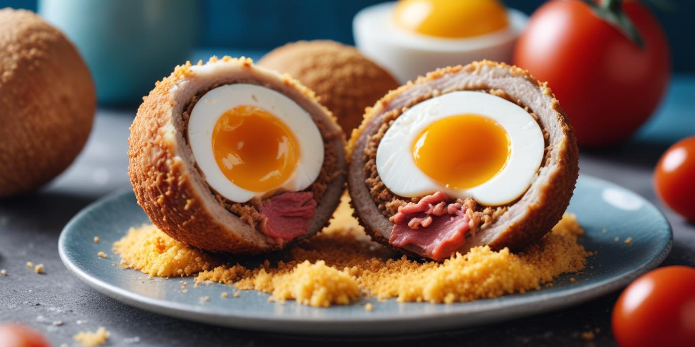 Scottish eggs cut in half, showing soft-boiled yolks inside crispy sausage coating.