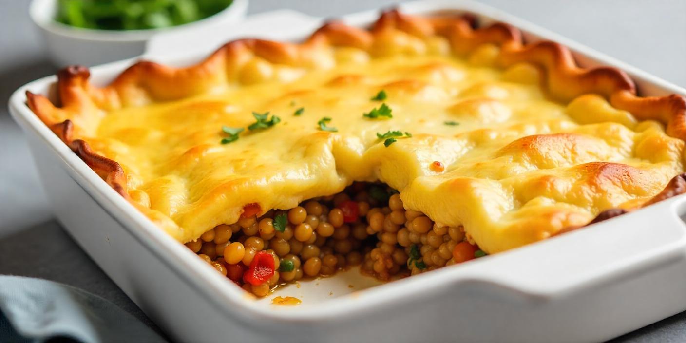 Classic shepherd’s pie with golden melted cheese on top and vegetable filling inside.