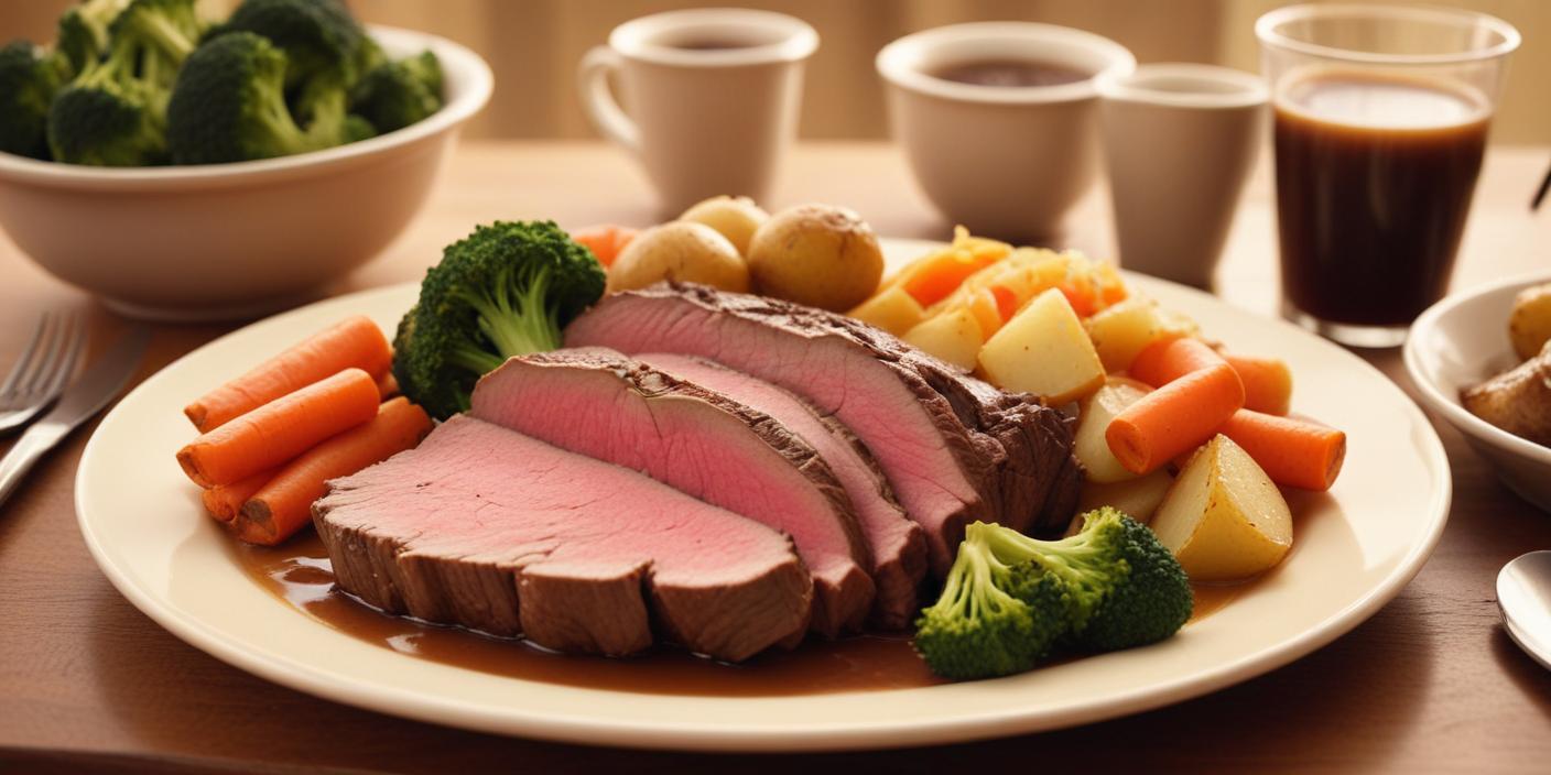 Slices of roast beef served with steamed vegetables and dipping sauce.