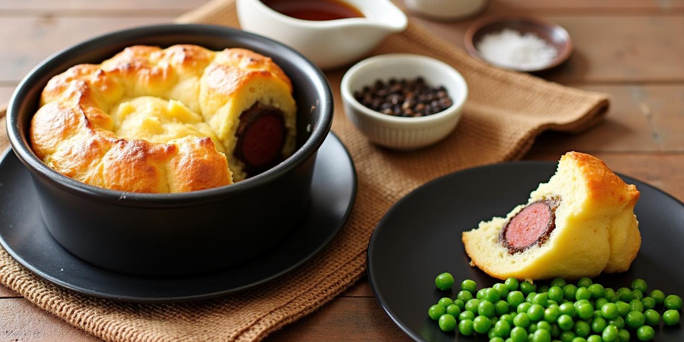 Baked sausage roll in a small dish, wrapped in golden pastry crust.