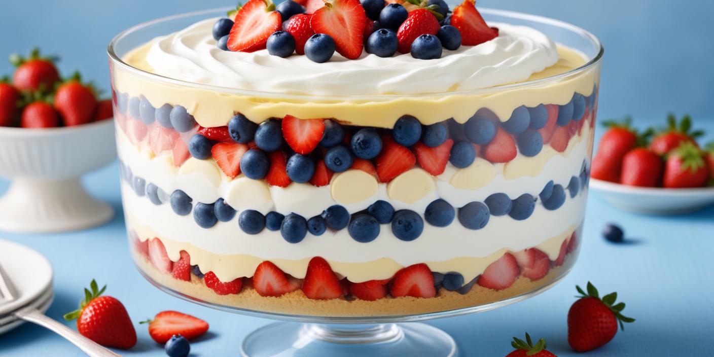 A layered trifle dessert with fresh strawberries, blueberries, cream, and sponge cake in a glass bowl.