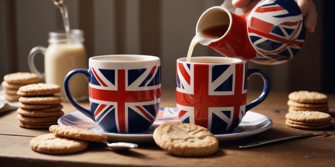 A cup of tea with milk being poured, served in a mug with a Union Jack design.