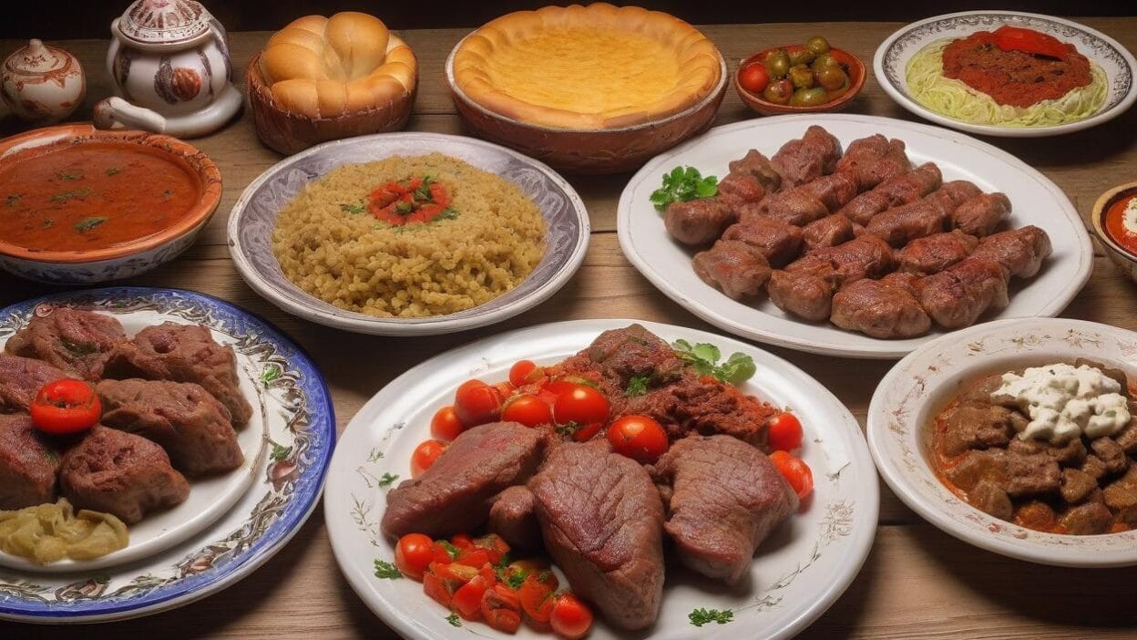 Traditional meal spread with various dishes, including meat, rice, and cornbread. BookOfFoods